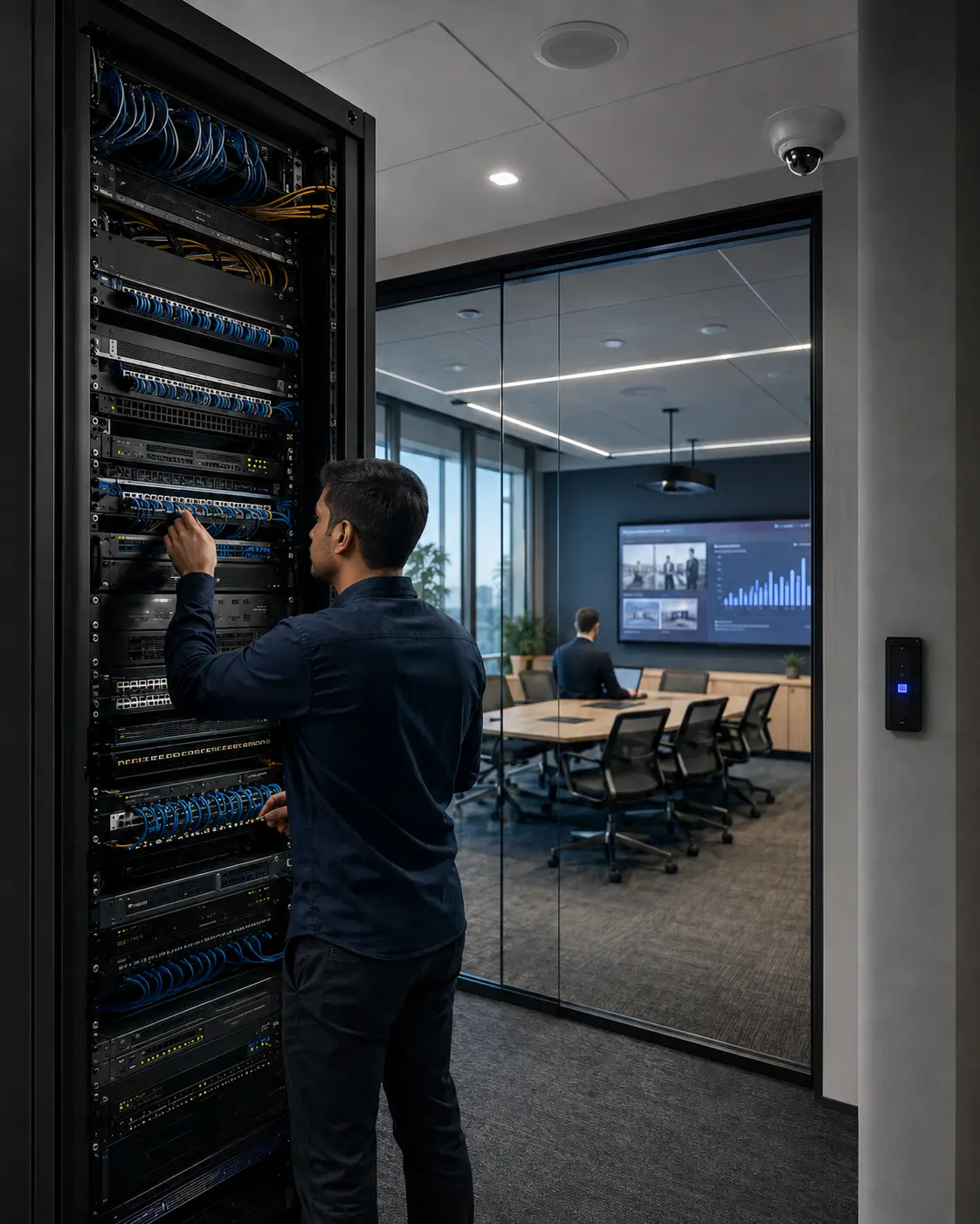 Indian engineer coordinating integrated enterprise network, audio-visual and security infrastructure